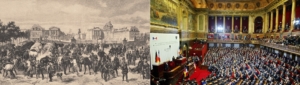 Das linke Bild zeigt eine Szene vor dem Schloss von Versailles nach der Kaiserproklamation am 18. Januar 2021. Das linke Bild zeigt eine gmeinsame Sitzung des deutschen und des französischen Parlaments in Versailles.