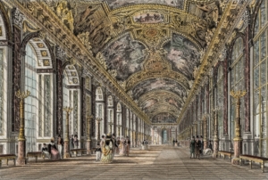 Der Stich zeigt den Spiegelsaal von Versailles
